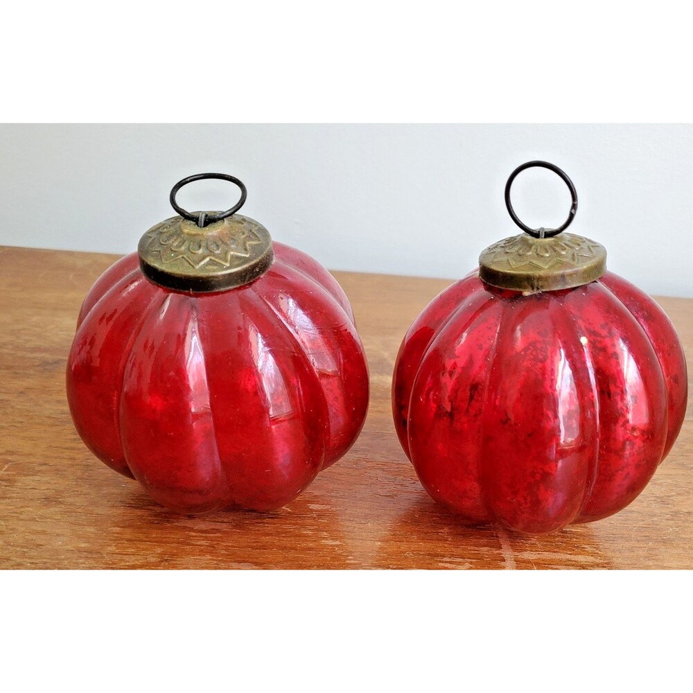 Vintage Kugel Christmas Ornament set 2 Red Ribbed Spheres Balls Glass Mercury 3"